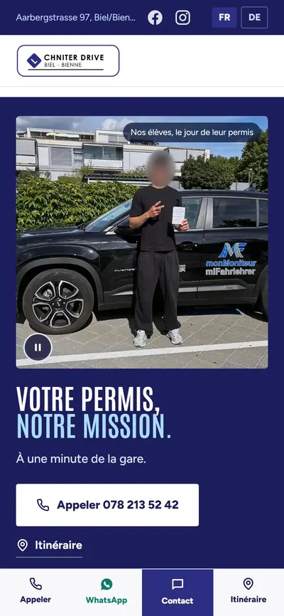 Le site de Chniter Drive sur téléphone : le bouton Appeler sous le titre, et une barre en bas avec Appeler, WhatsApp, Contact et Itinéraire.