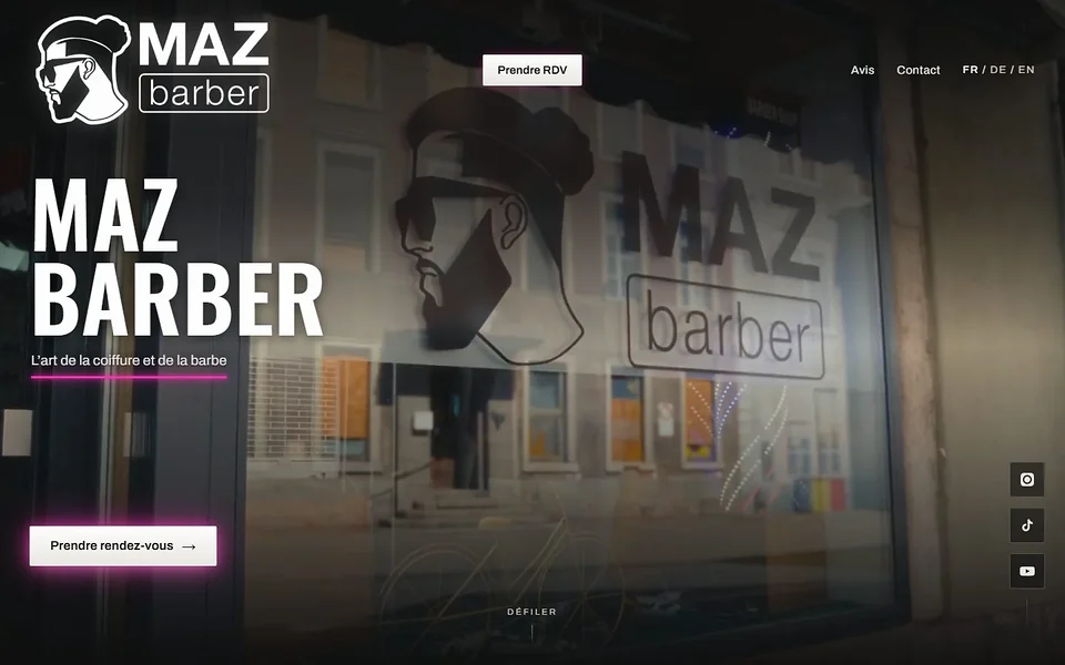 La page d’accueil du site de Maz Barber sur ordinateur.