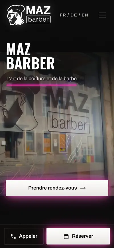 Le site de Maz Barber sur téléphone : en bas, les boutons Appeler et Réserver.
