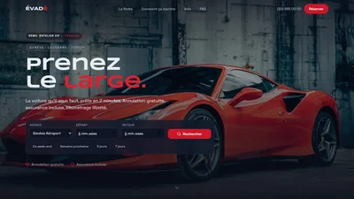 Page d&rsquo;accueil de la d&eacute;mo &Eacute;VAD&Eacute;&nbsp;: &laquo;&nbsp;Prenez le large&nbsp;&raquo;, une voiture rouge et le formulaire de r&eacute;servation.