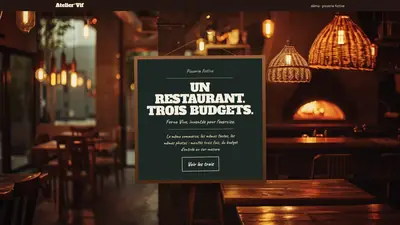 Page d&rsquo;accueil de la d&eacute;mo Forno Vivo&nbsp;: &laquo;&nbsp;Un restaurant. Trois budgets.&nbsp;&raquo; sur la salle d&rsquo;une pizzeria au four &agrave; bois.